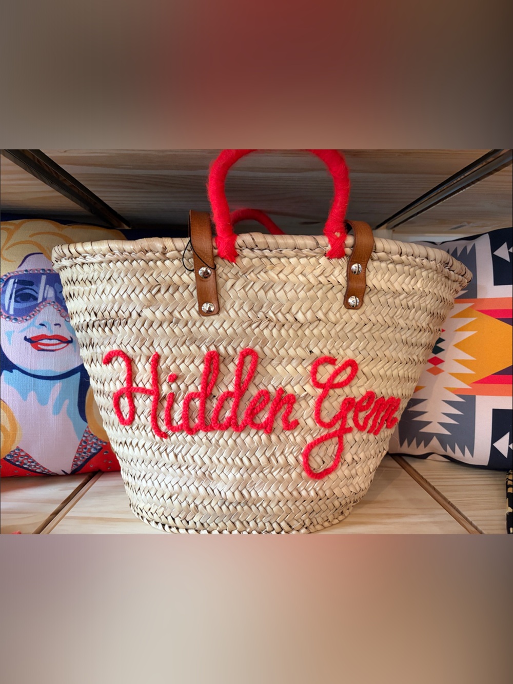 Woven Straw Tote with Red 'Hidden Gem' Script and Red Handles